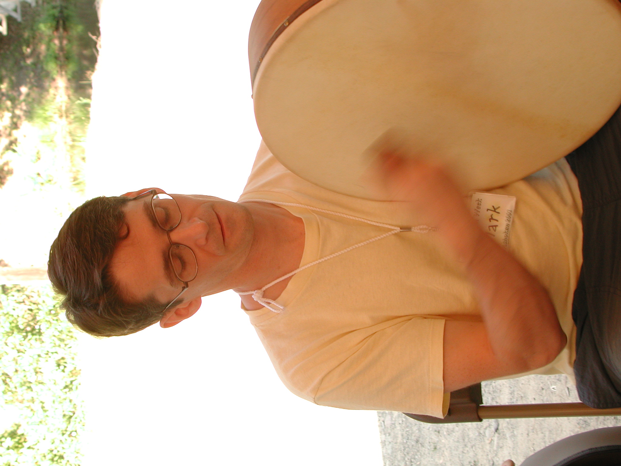 Mark playing bodhran at Ashokan Northern Week 2001